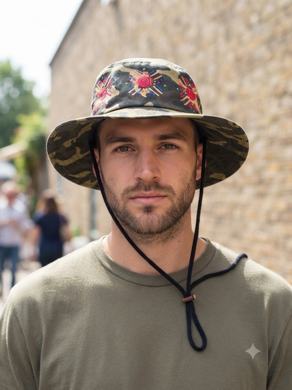 Obey Olive Green Camo Boonie Hat with Red Embroidered Accents